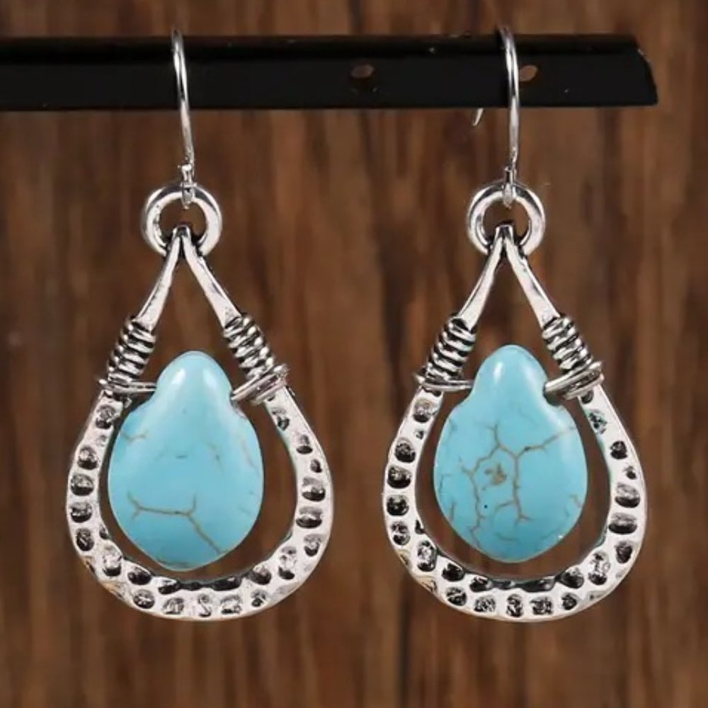 925 Silver Plated Boho Blue Turquoise Water Drop Hook Earrings - NEW